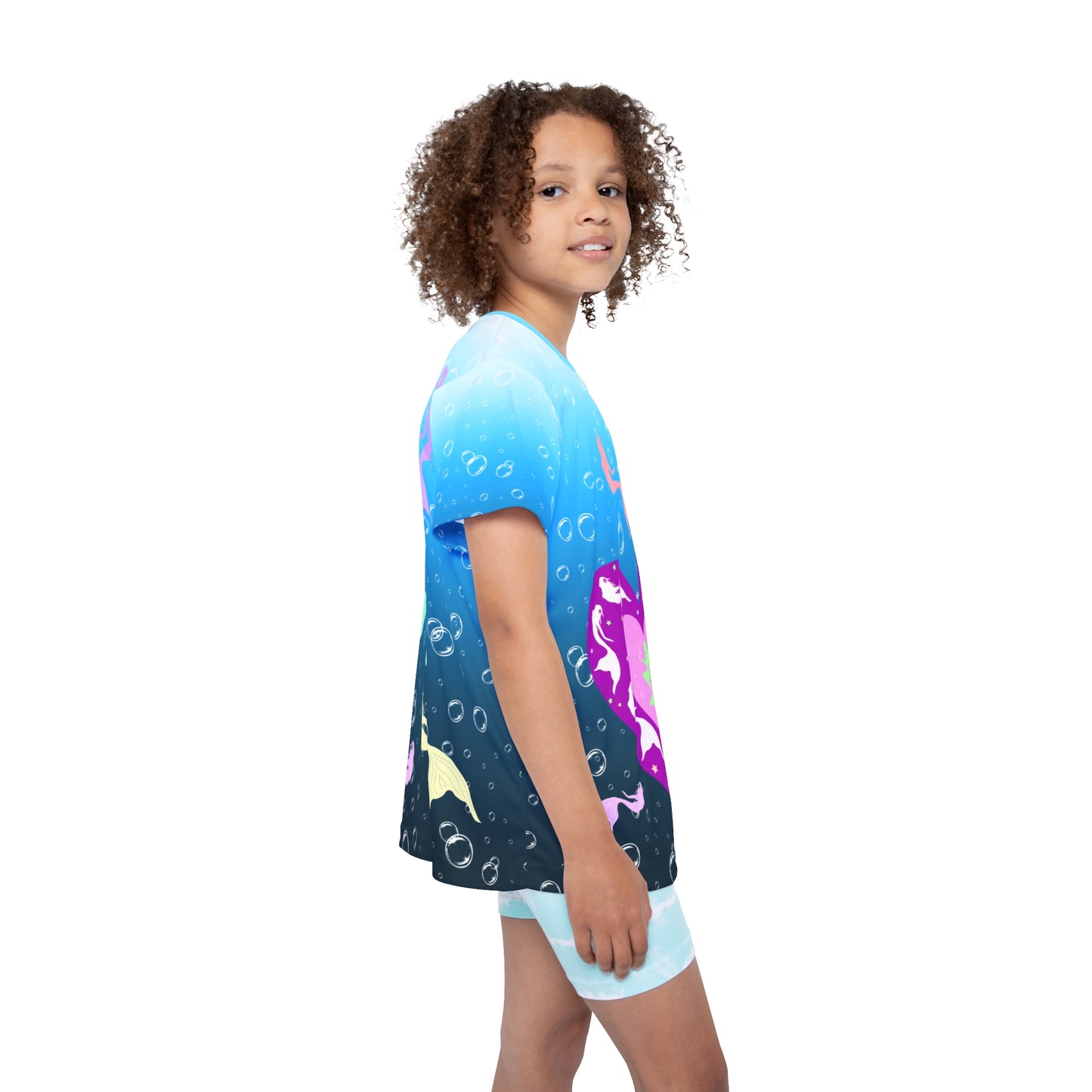 Colorful Mermaids in Blue Bubble Ocean Kids Sports Jersey