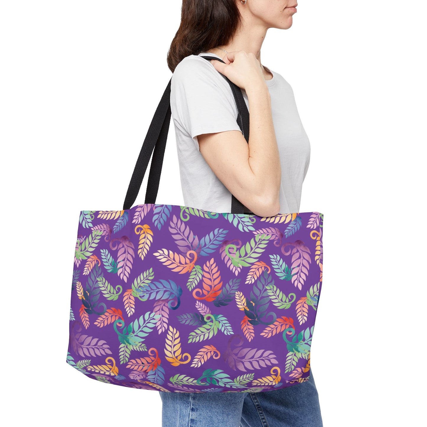 Colorful Tropical Leaf Weekender Tote Bag Purple