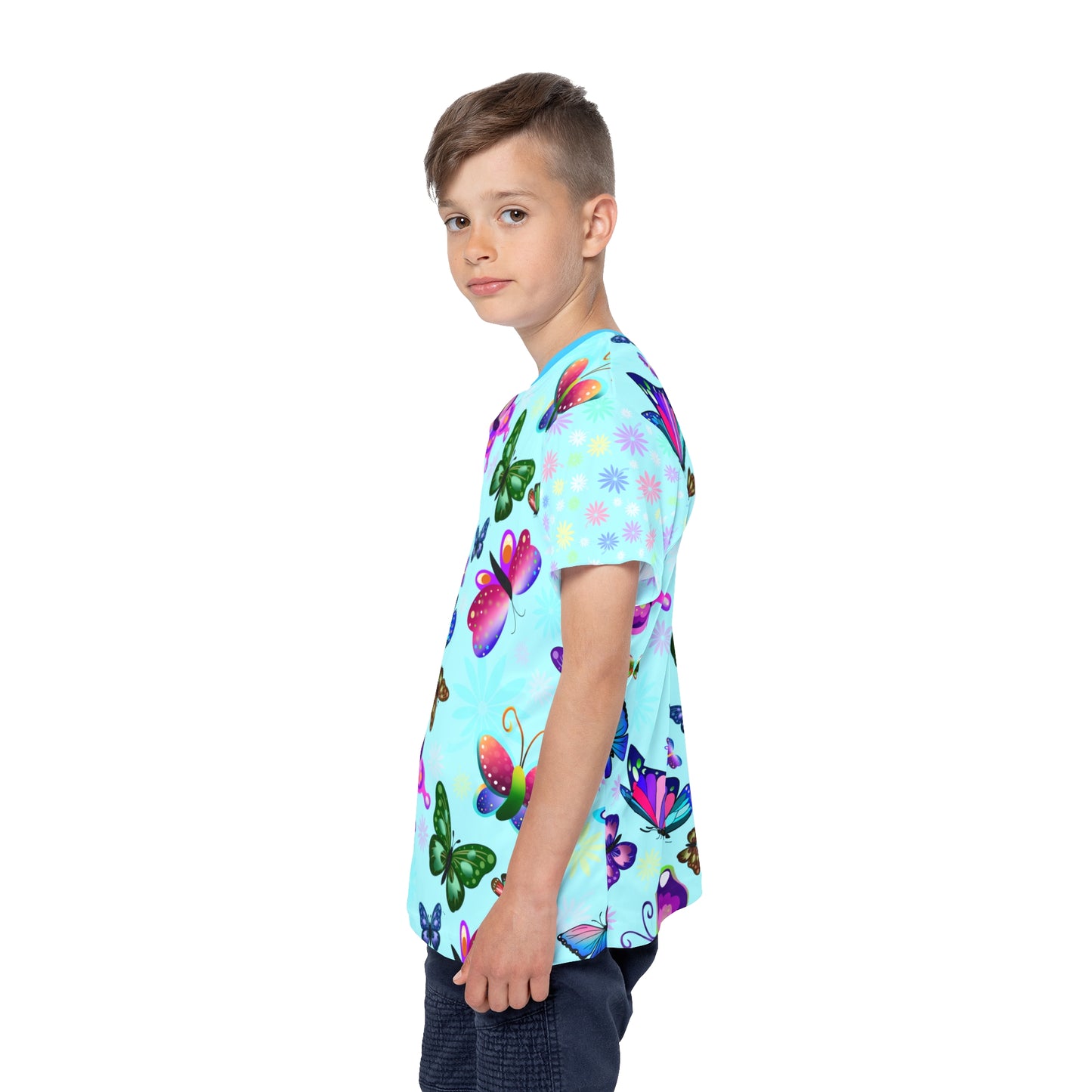 Light Blue Butterfly Flowers Kids Sports Jersey