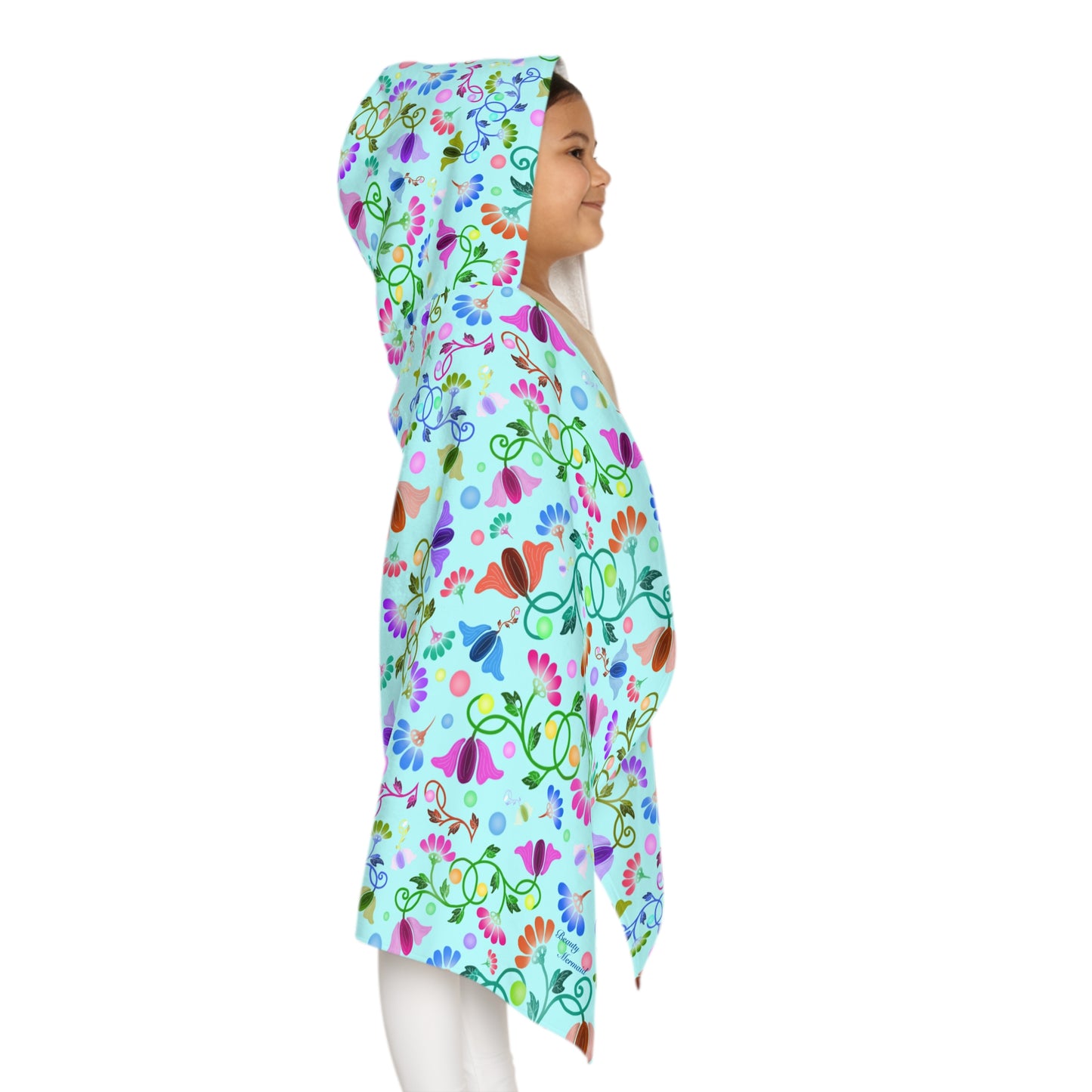 Light Blue Curly Flowers Youth Hooded Towel