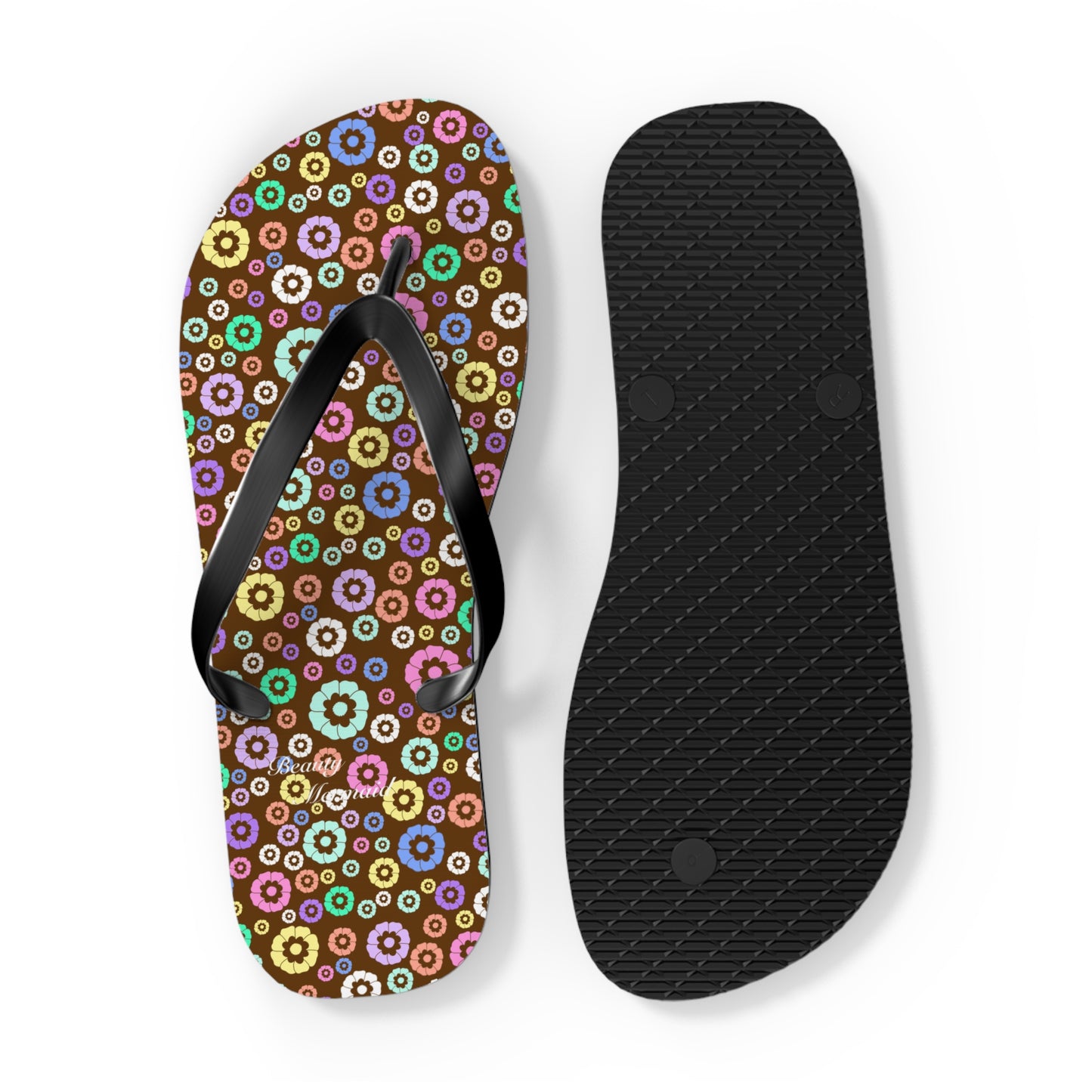 Round Floral Brown Flip Flops