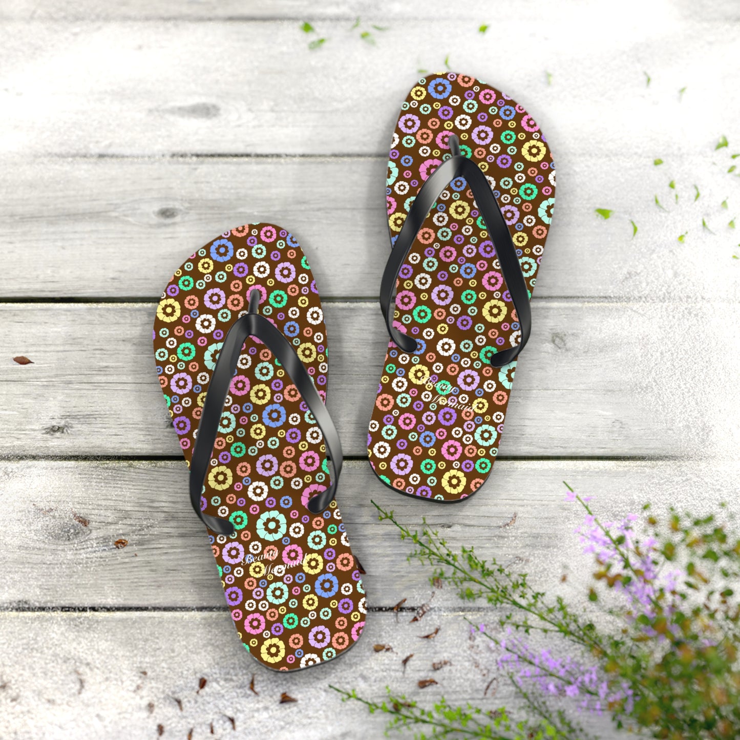 Round Floral Brown Flip Flops