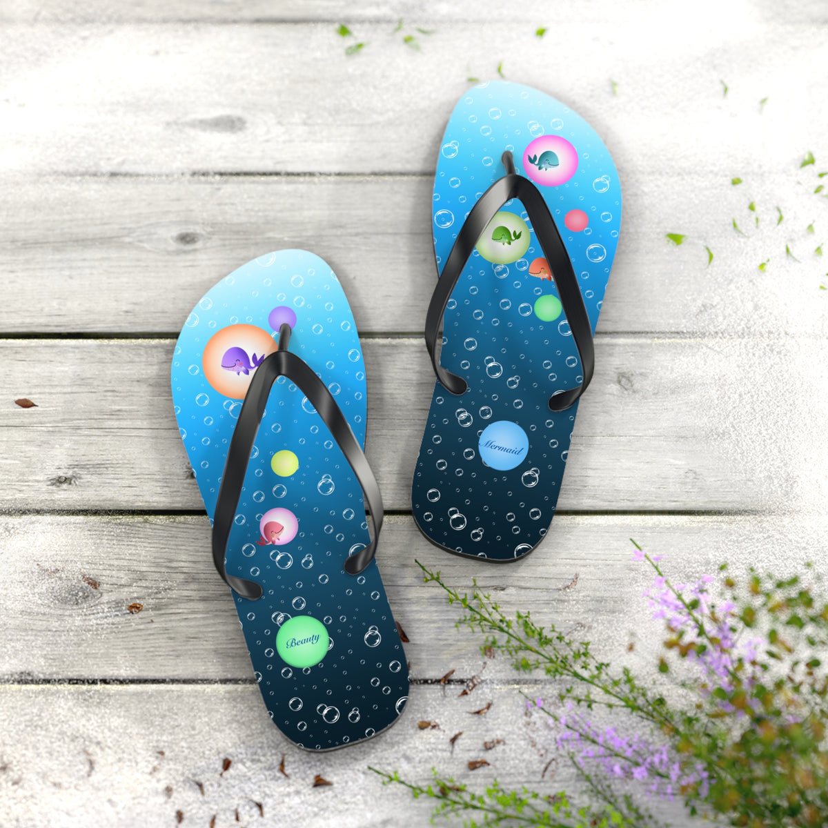 Whales Bubbles Deep Blue Ocean Flip Flops