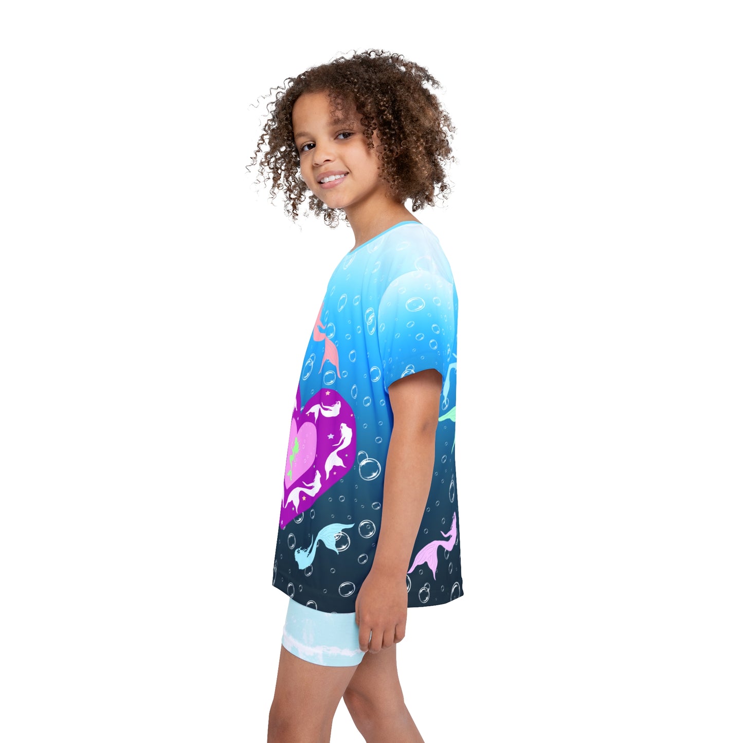 Colorful Mermaids in Blue Bubble Ocean Kids Sports Jersey