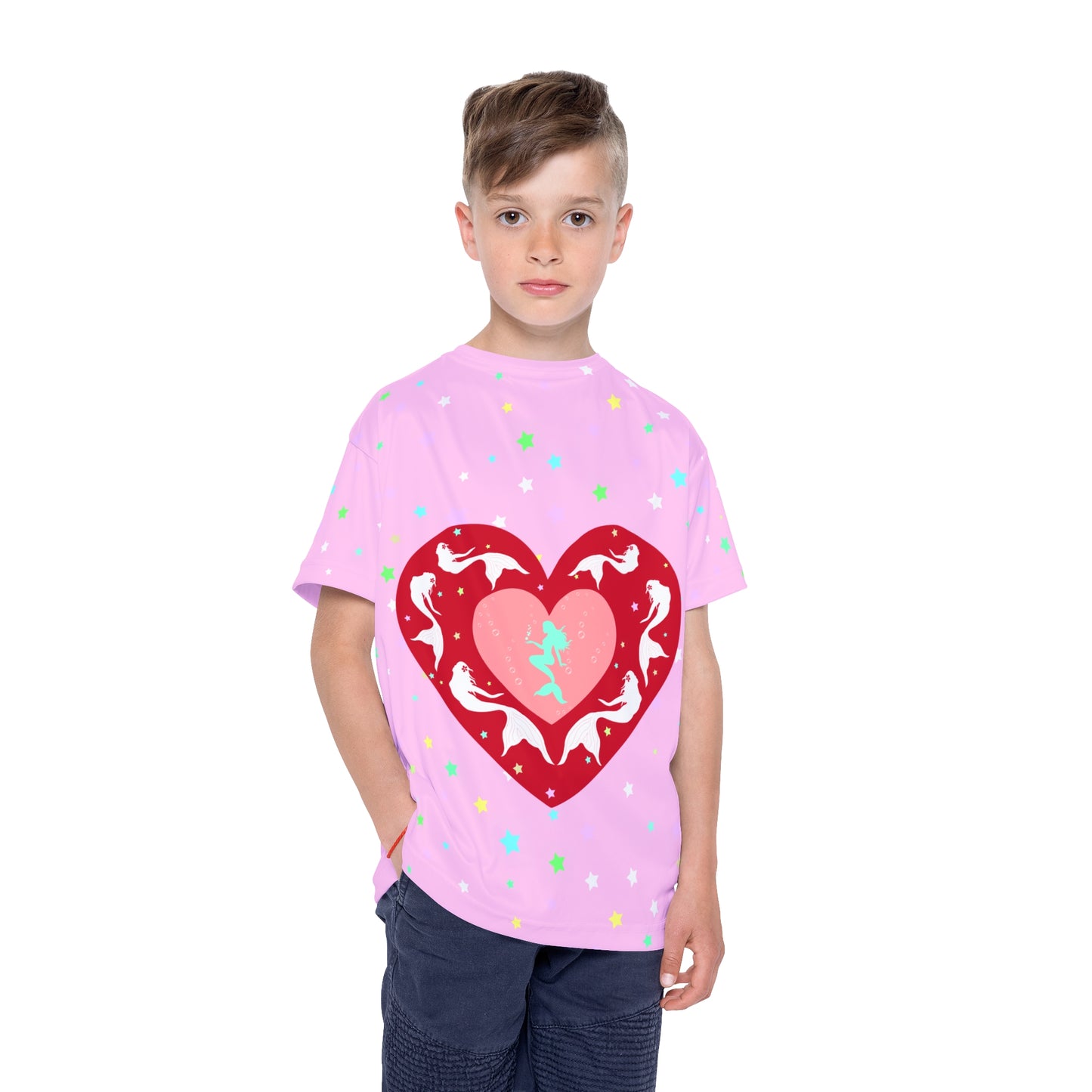 Light Pink White Mermaid in Heart Kids Sports Jersey