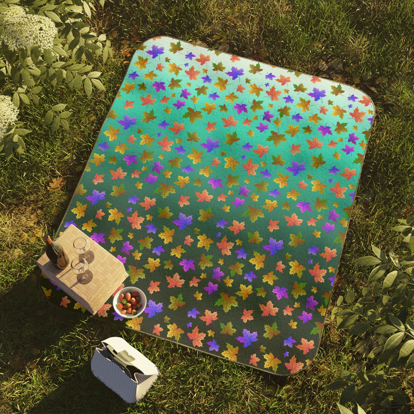 Maple Leaves Picnic Blanket with Green Background