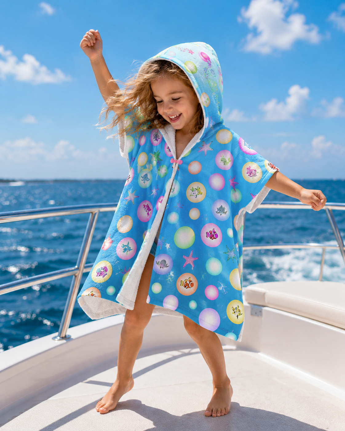 Light Blue Bubbles Sea Animals Youth Hooded Towel