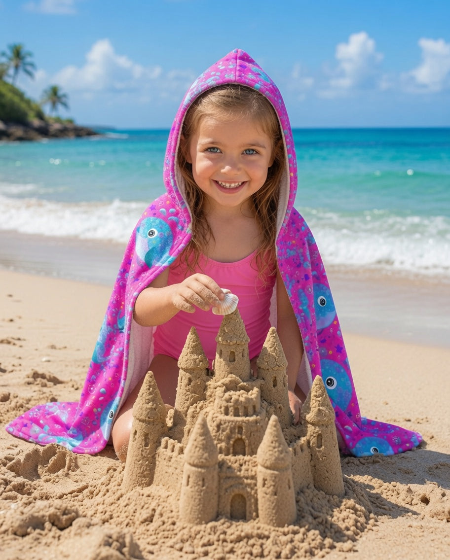 Whale Youth Hooded Towel Pink Ocean
