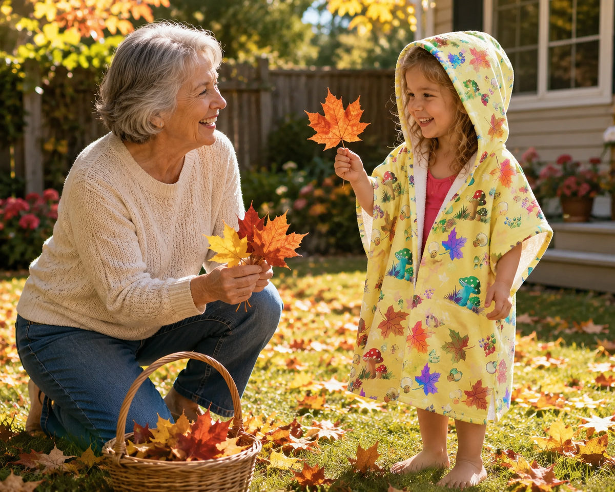 Yellow Mushroom Maple Leaves Kids Hooded Towel