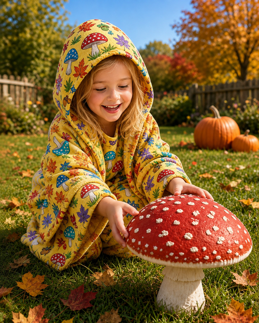 Yellow Mushroom Maple Leaves Kids Hooded Towel