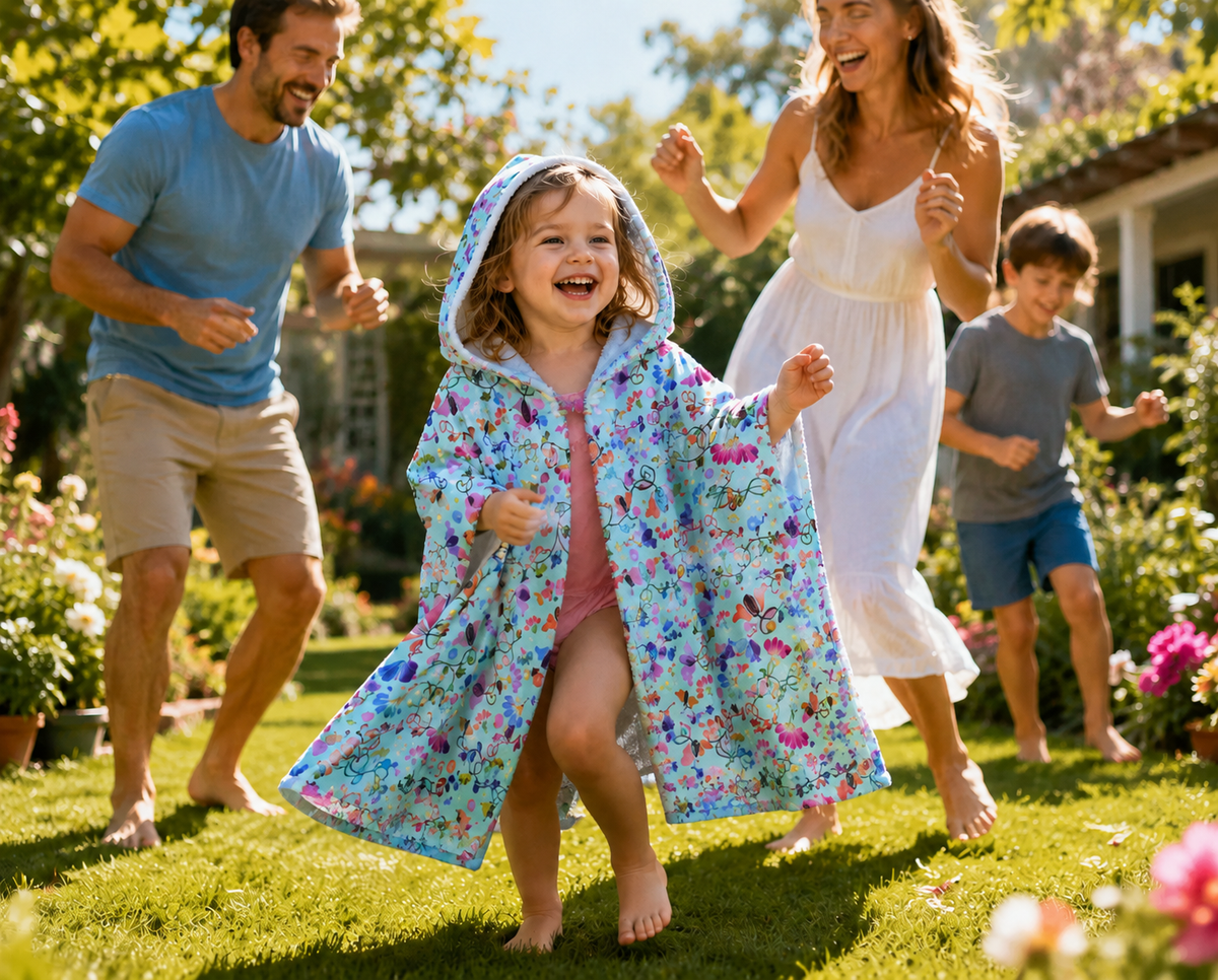 Light Blue Curly Flowers Youth Hooded Towel
