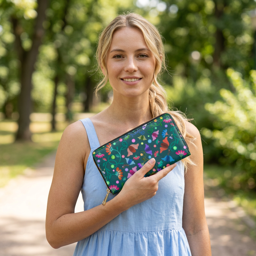 Flower Zipper Wallet Green