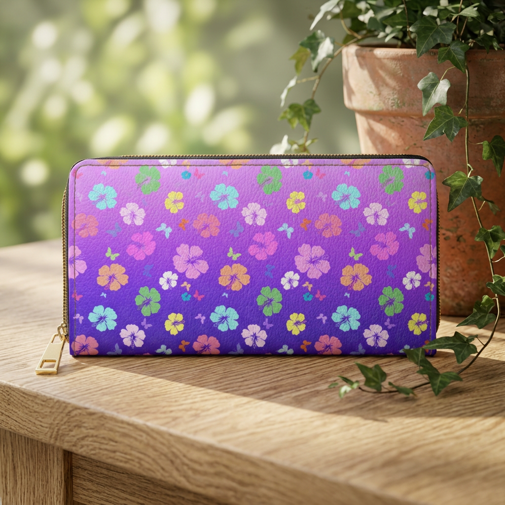 Flower Zipper Wallet Pink Purple