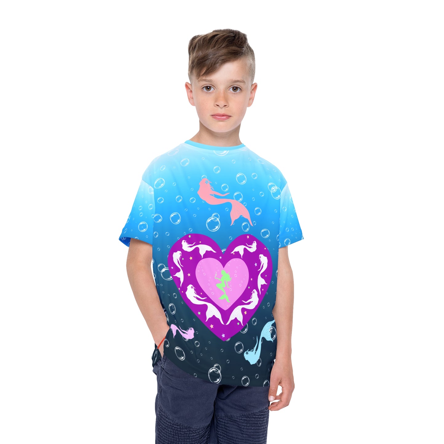 Colorful Mermaids in Blue Bubble Ocean Kids Sports Jersey