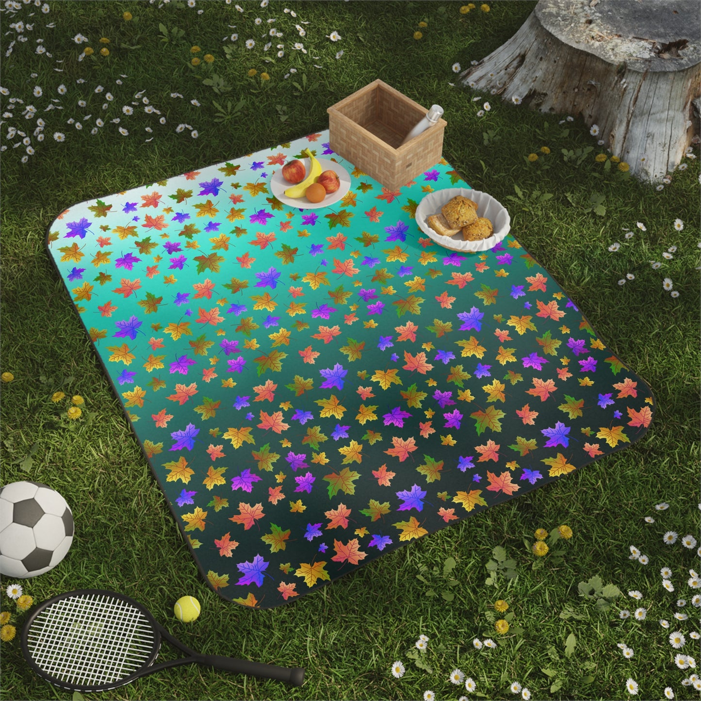 Maple Leaves Picnic Blanket with Green Background