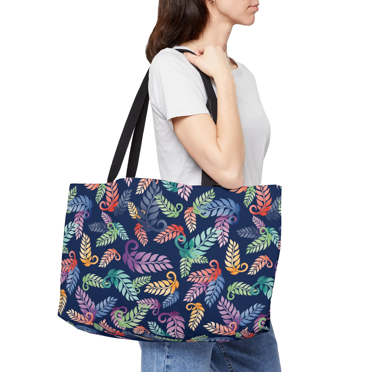 Colorful Tropical Leaf Weekender Tote Bag Blue