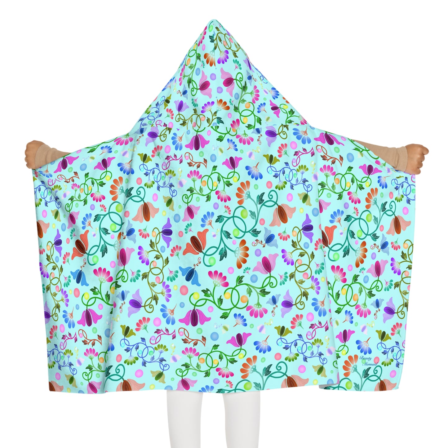Light Blue Curly Flowers Youth Hooded Towel