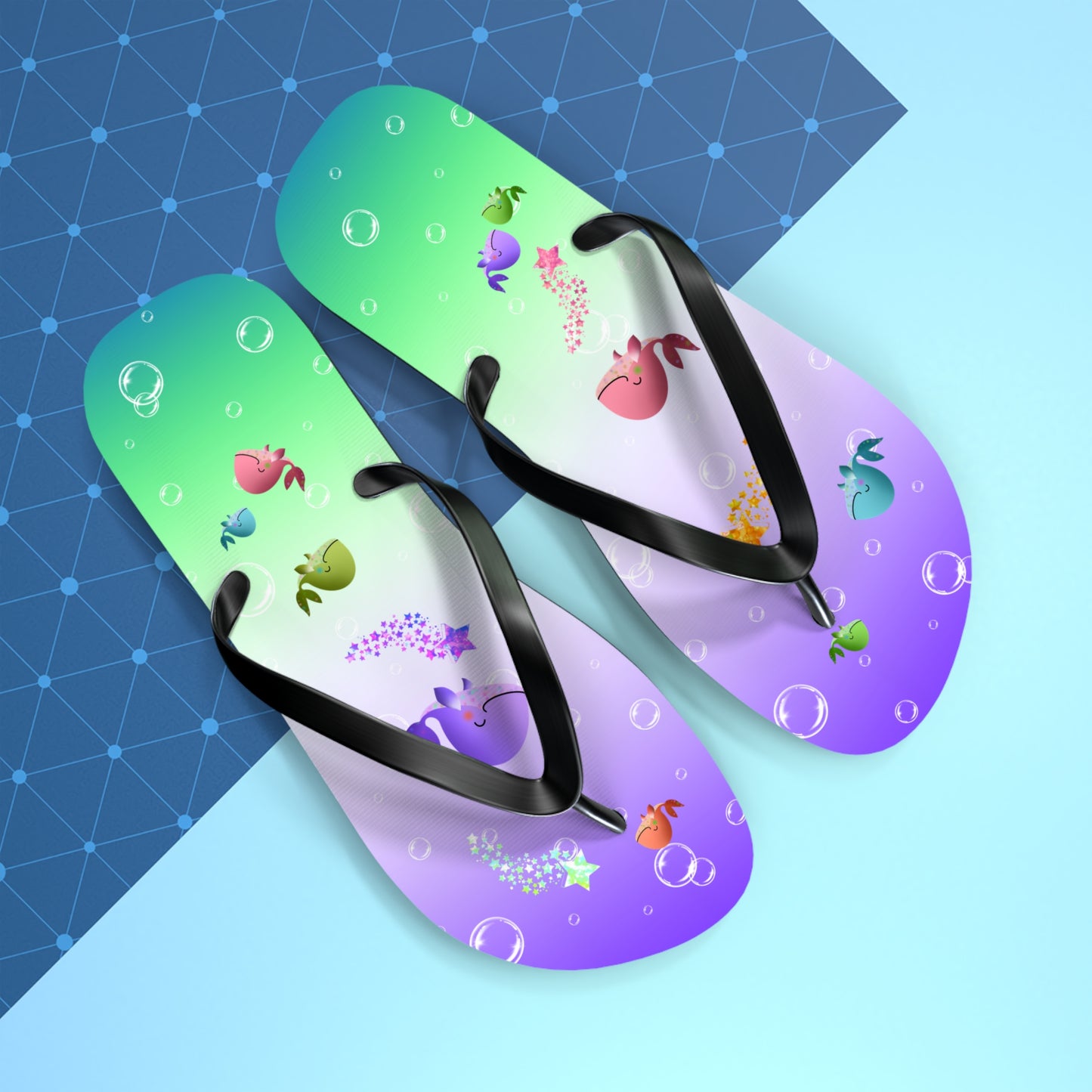 Whales Purple Green Ocean Flip Flops