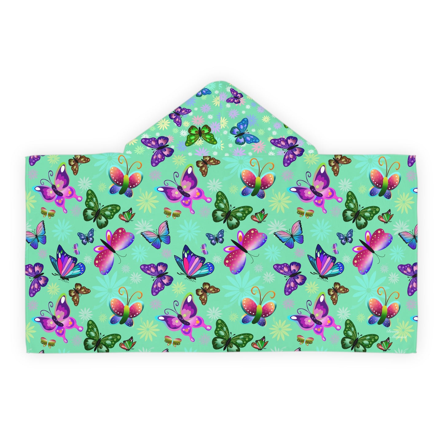 Green Butterfly Floral Youth Hooded Towel