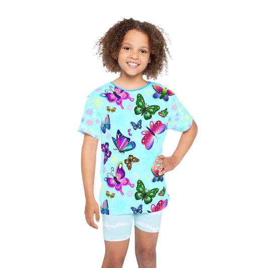 Light Blue Butterfly Flowers Kids Sports Jersey