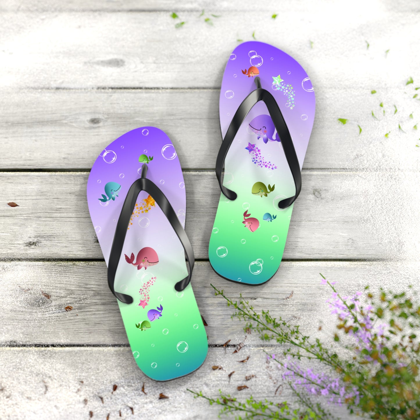 Whales Purple Green Ocean Flip Flops