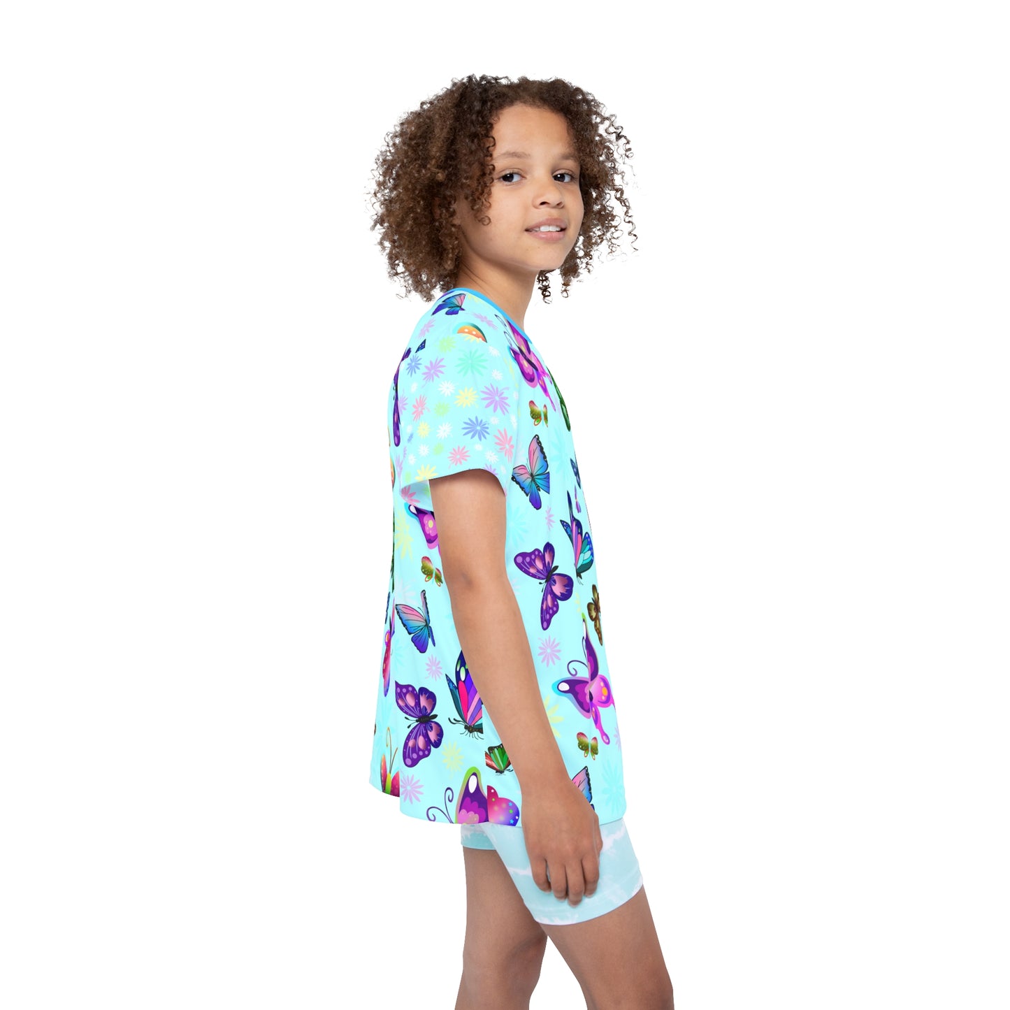 Light Blue Butterfly Flowers Kids Sports Jersey