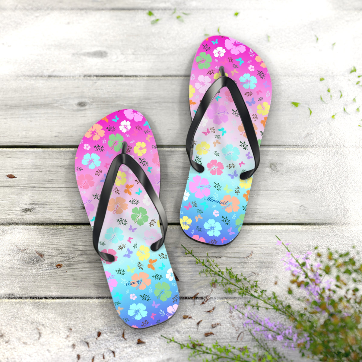 Flowers Pink Blue Flip Flops