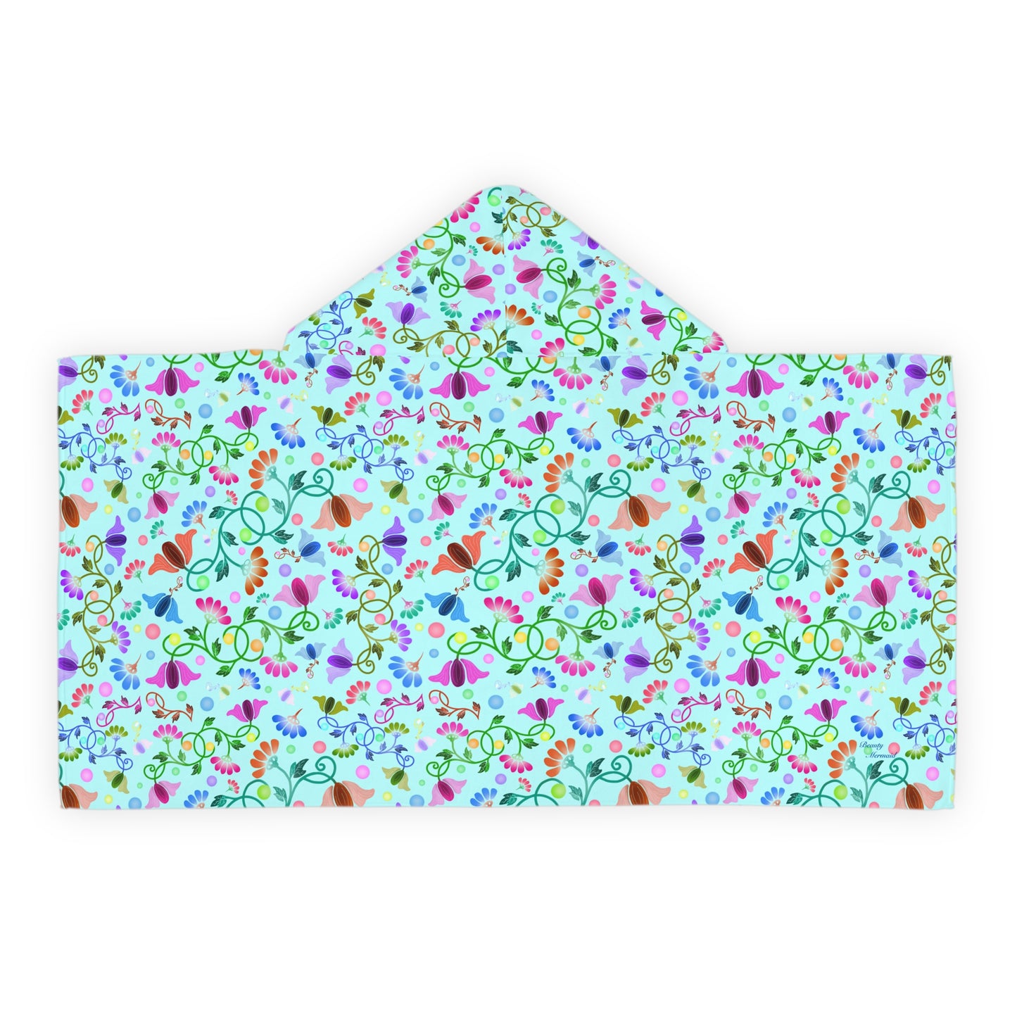 Light Blue Curly Flowers Youth Hooded Towel