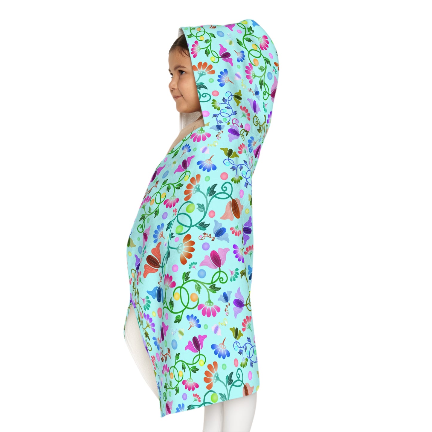 Light Blue Curly Flowers Youth Hooded Towel